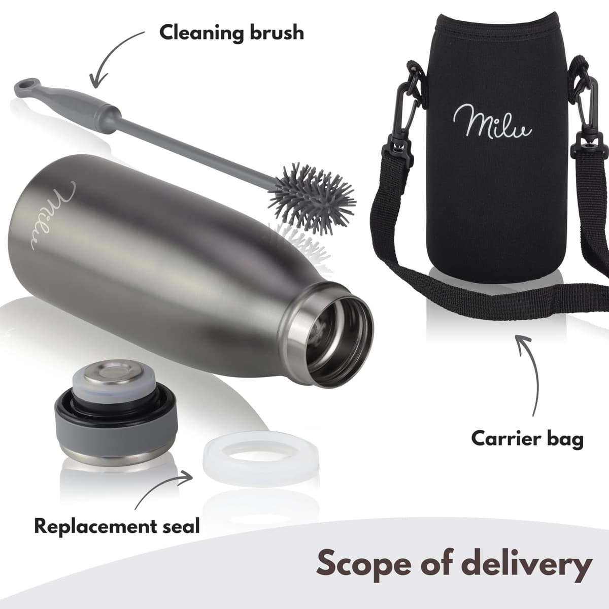 Milu Stainless Steel Drinking Bottle 350 ml - Insulated Thermo Flask for Water - Leak Proof, Insulated and Double Walled, Carbonated (Grey, 350 ml) — view 5