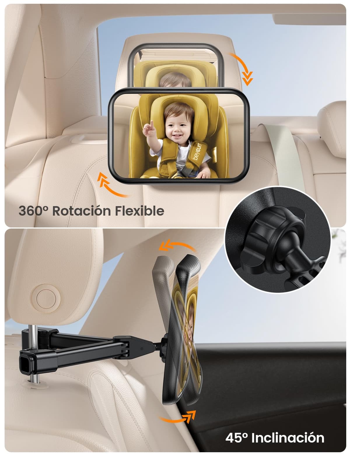Lamicall Espejo retrovisor para niños – [2025 gancho triangular] 100% irrompible, rotación 360° y 45° inclinable, con 175° visión clara, espejo coche bebé asiento trasero súper estable — view 4