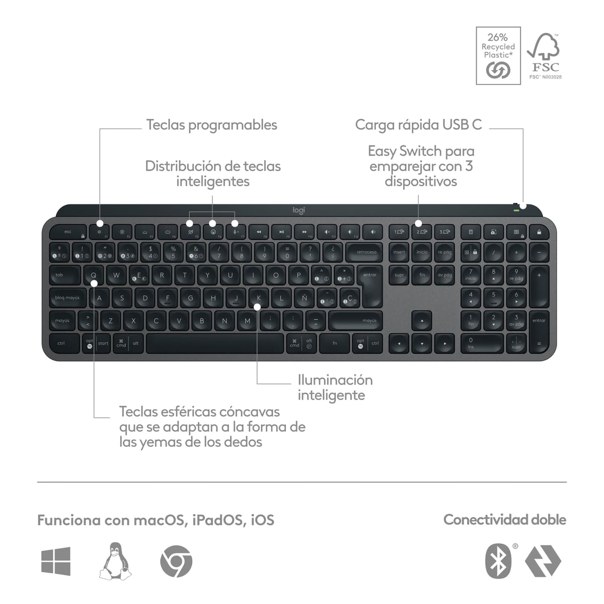 Logitech MX Keys S Wireless Keyboard, Low Profile, Precise Silent Writing, Programmable Keys, Lighting, Bluetooth, USB C Char — view 7