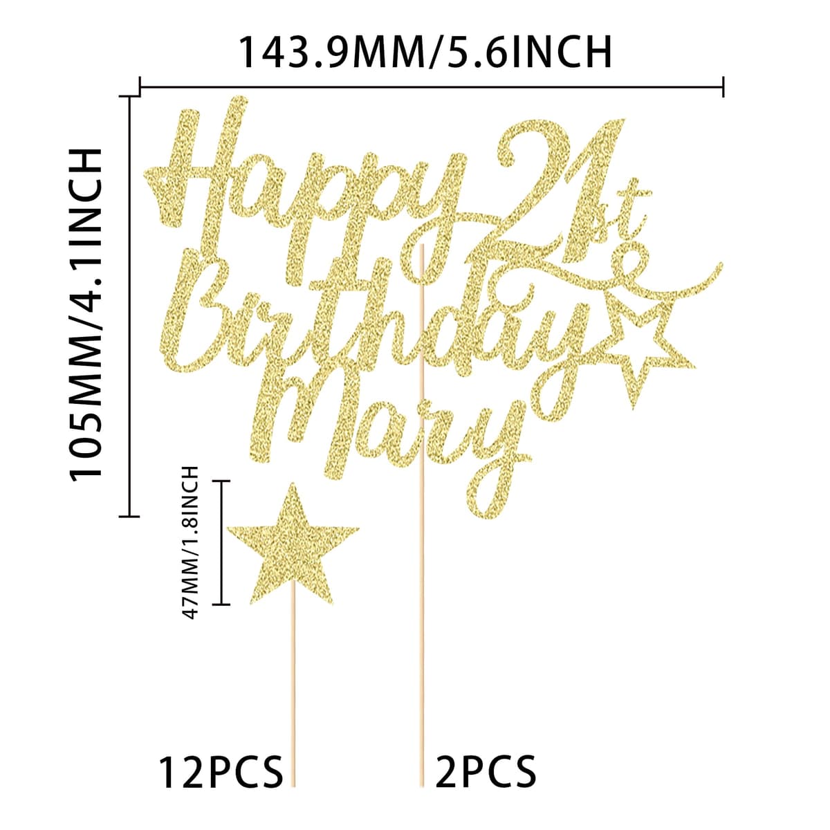 EDSG 2 Sets Personalised Happy Birthday Cake Topper, Double-Sided Glitter Cake Toppers Birthday Party Decoration for 13th 16th 18th 21st 30th 40th 50th 60th 80th(Champagne Gold-2pcs) — view 2