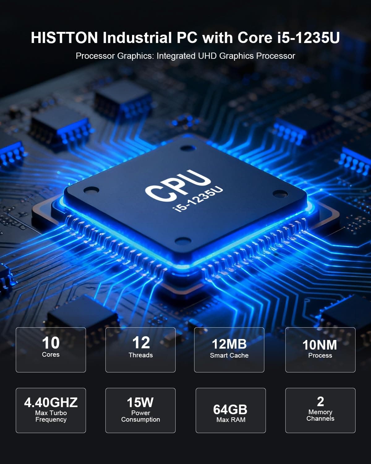 HISTTON Mini Industrial PC Core i5-1235U,16GB DDR5 RAM 512GB NVME SSD,WiFi5, BT4.2,TPM 2.0,Micro Computadora con 8 USB,6 COM,PXE,Encendido Automático,Mini PC Win 11 Pro/Linux Ubuntu — view 2
