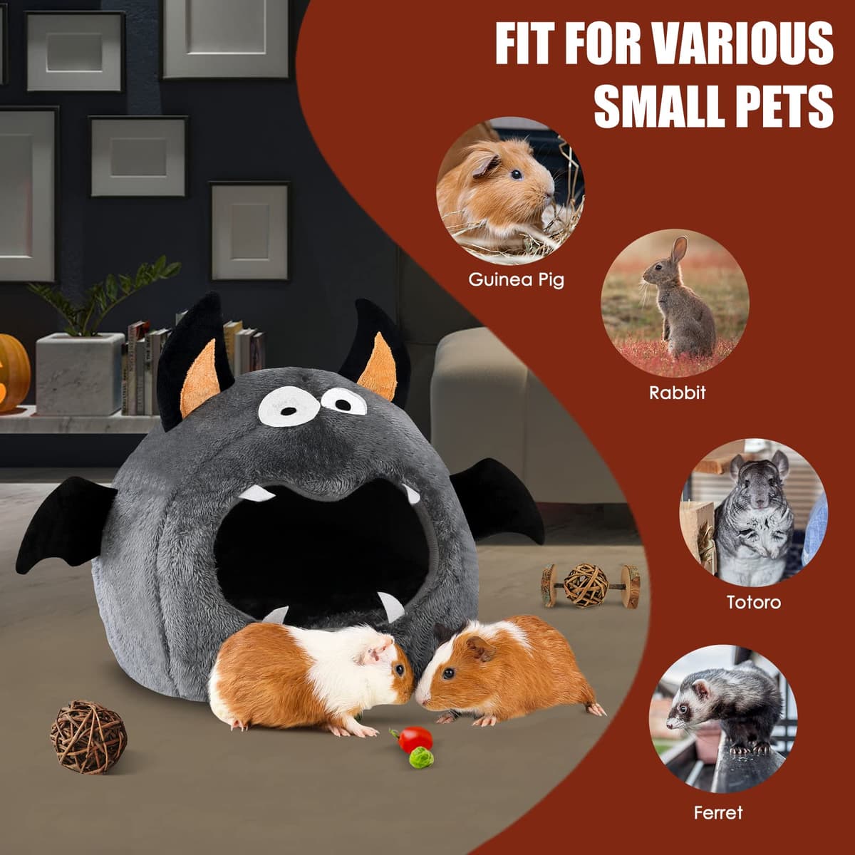 Guinea Pig Hideout - Guinea Pig Bed, Halloween Style Small Pet Hides, Ideal Bed for Small Pets, Bat Shape, Dark Gray — view 4