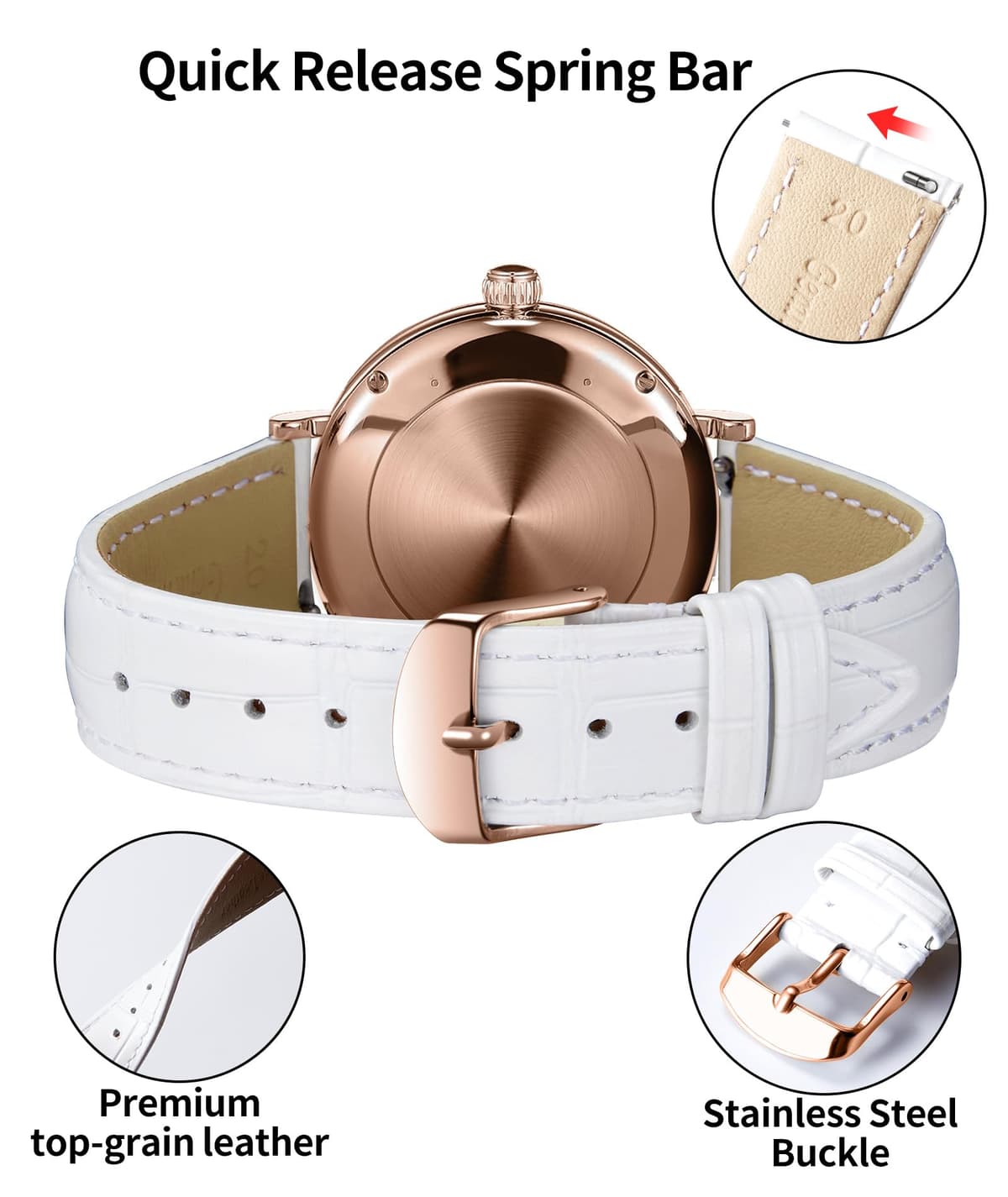BINLUN Quick Release Leather Watch Straps Replacement Watch Bands Smart Watch Strap Crocodile Pattern in 10 Colors 13 Sizes with Silver/Gold/Rose-Gold Buckle for Men Women(10mm-24mm) — view 9