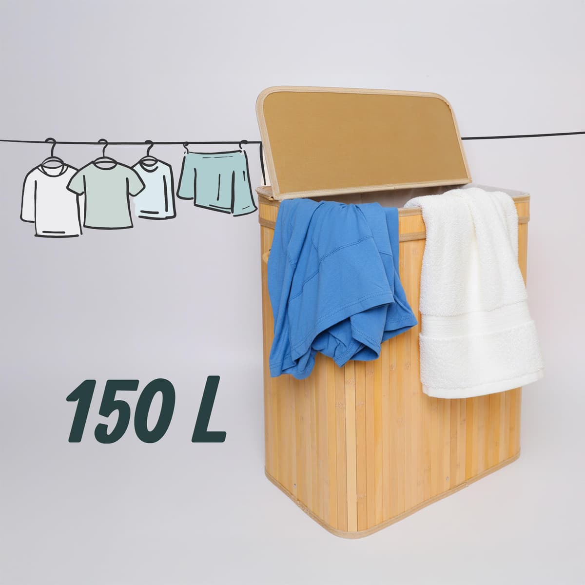 Cesto para Ropa Sucia Relaxdays con Tapa, bambú, 150 l, 3 Compartimentos, 61,5 x 61 x 41,5 cm, para baño, Color Natural — view 5