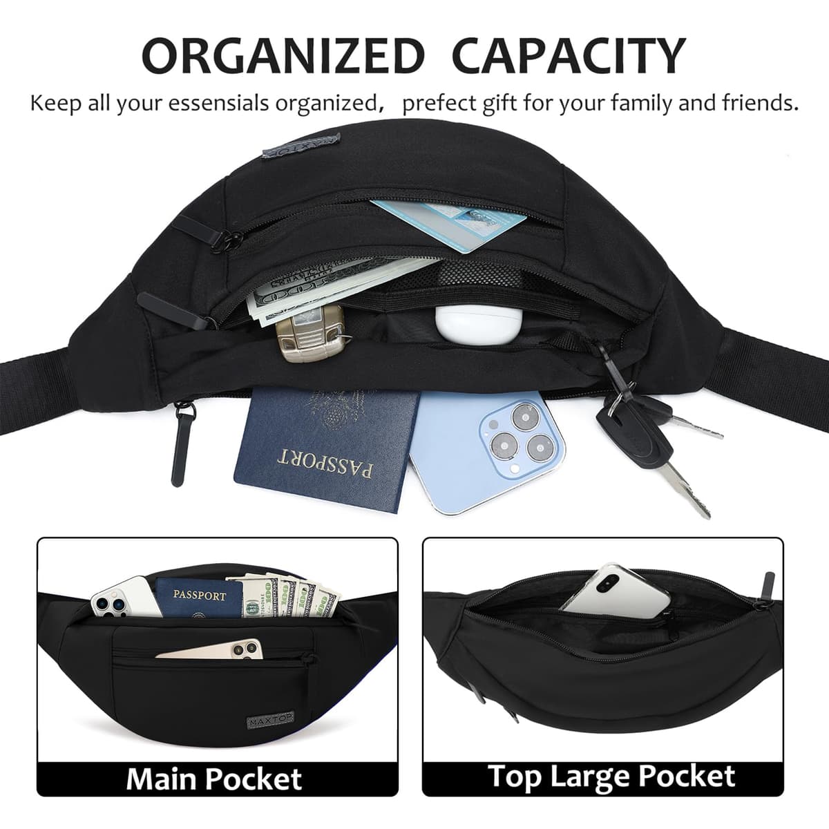 MAXTOP Black Bumbag Waist Fanny Pack for Men Women Bum Bag with 4-Zipper Pockets Travel Essentials for Outdoors Workout Hiking Running Cycling — view 3
