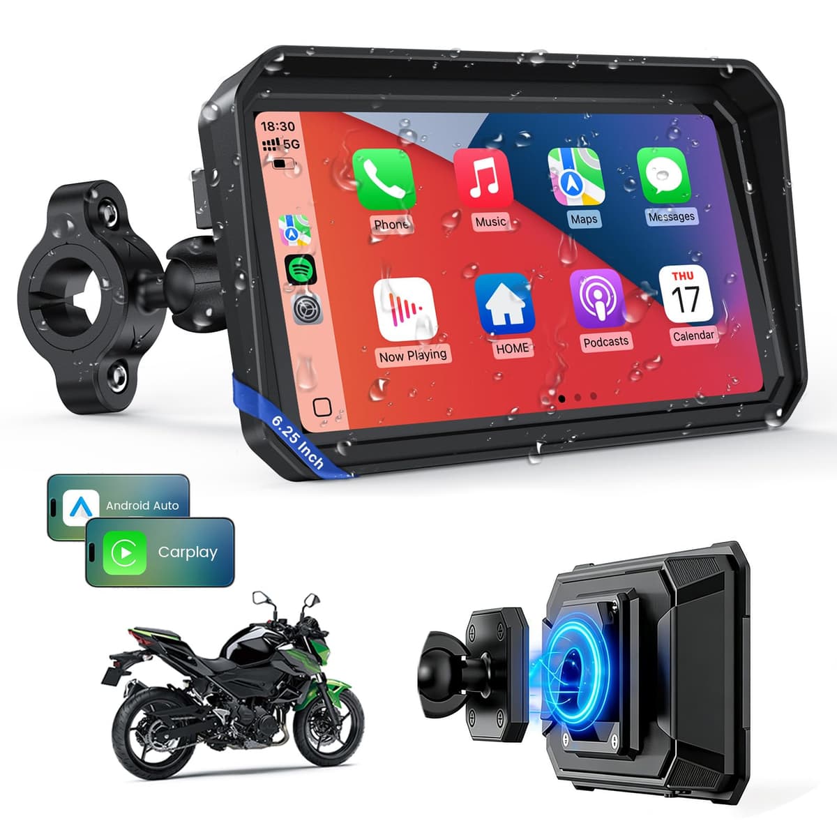 WonVon 6.25 Pulgadas CarPlay para Motocicleta Sistema de Navegación GPS con Apple CarPlay y Android Auto Pantalla Portátil con Doble Bluetooth, Navegación, Siri, Asistente de Google Soporte magnética