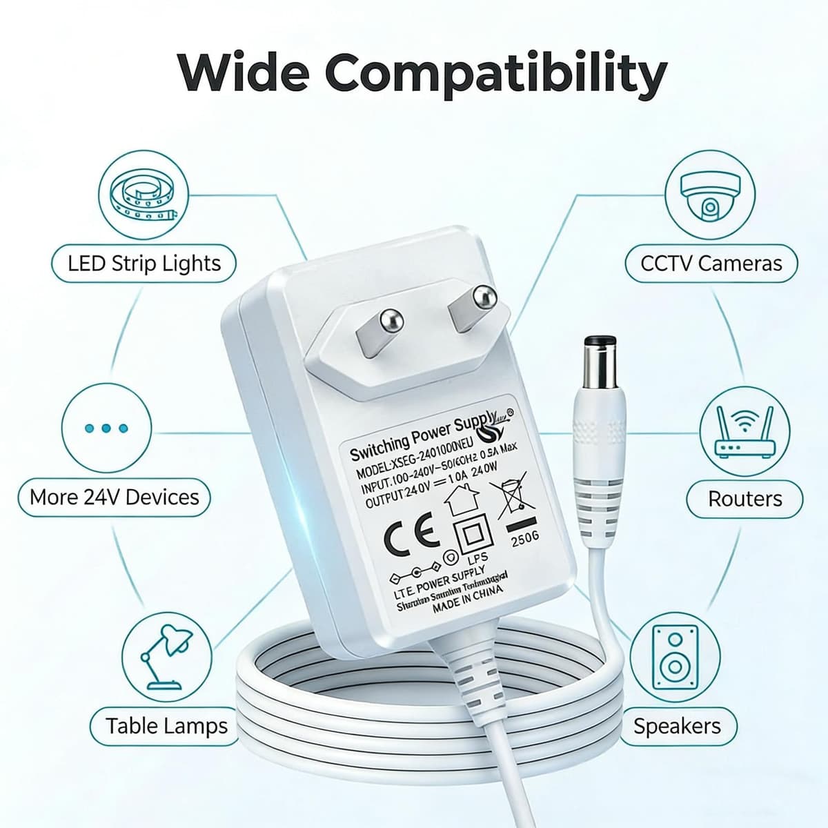 24V 1A Fuente de Alimentación Universal para Tiras LED, Adaptador 24W de Transformación AC 200-240V a DC 24V con Cable 1,5m, Enchufe EU, Conector DC 5,5 x 2,1mm, Cargador 24v — view 5