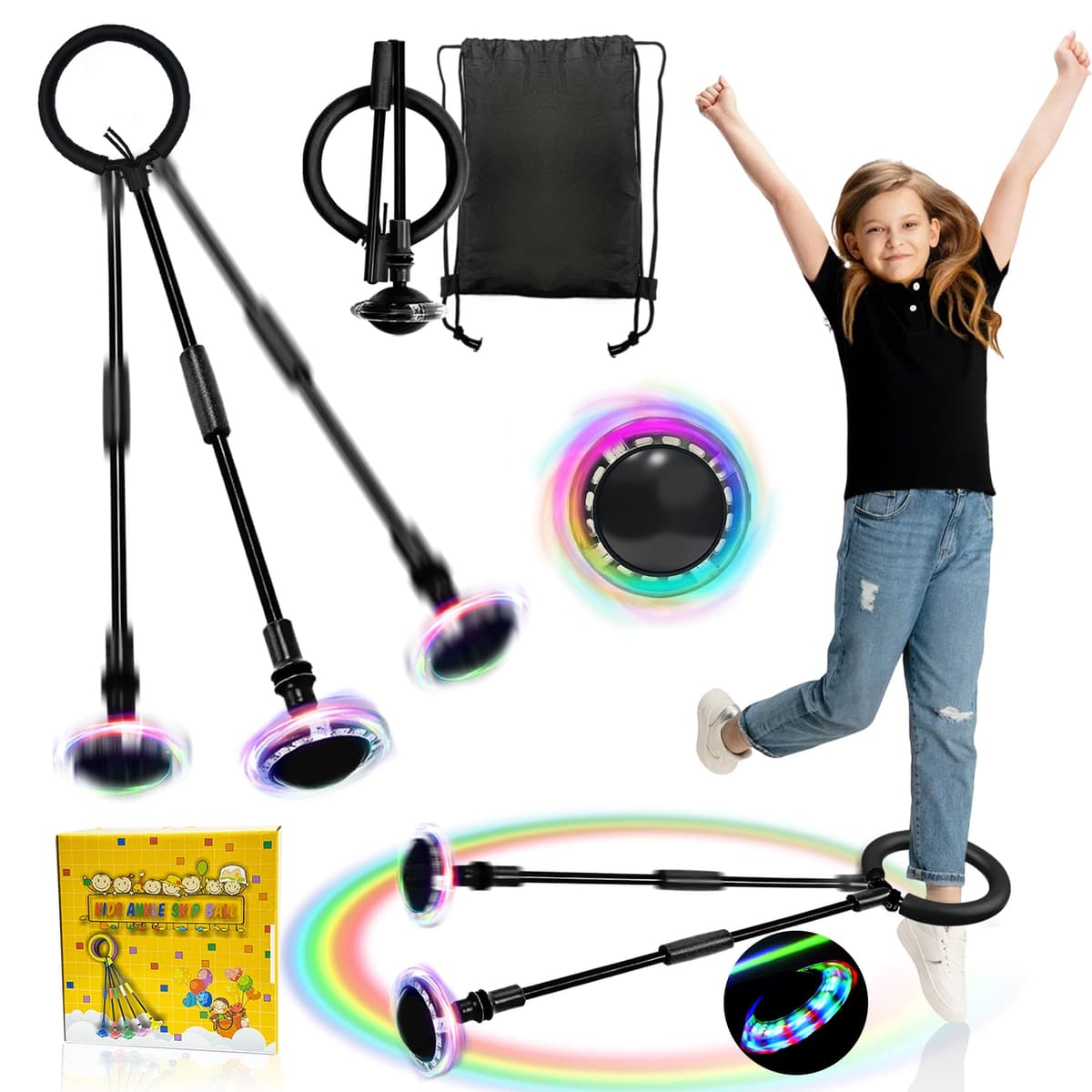TZEKING 2025 Nueva Mejora Bola De Salto De Tobillo,Anillo de Salto Intermitente,Plegable Anillo de Salto Intermitente Colorida,Colorida Flash Bola de Salto,con Conteo de Tiempo (Sin Pantalla-Negro)