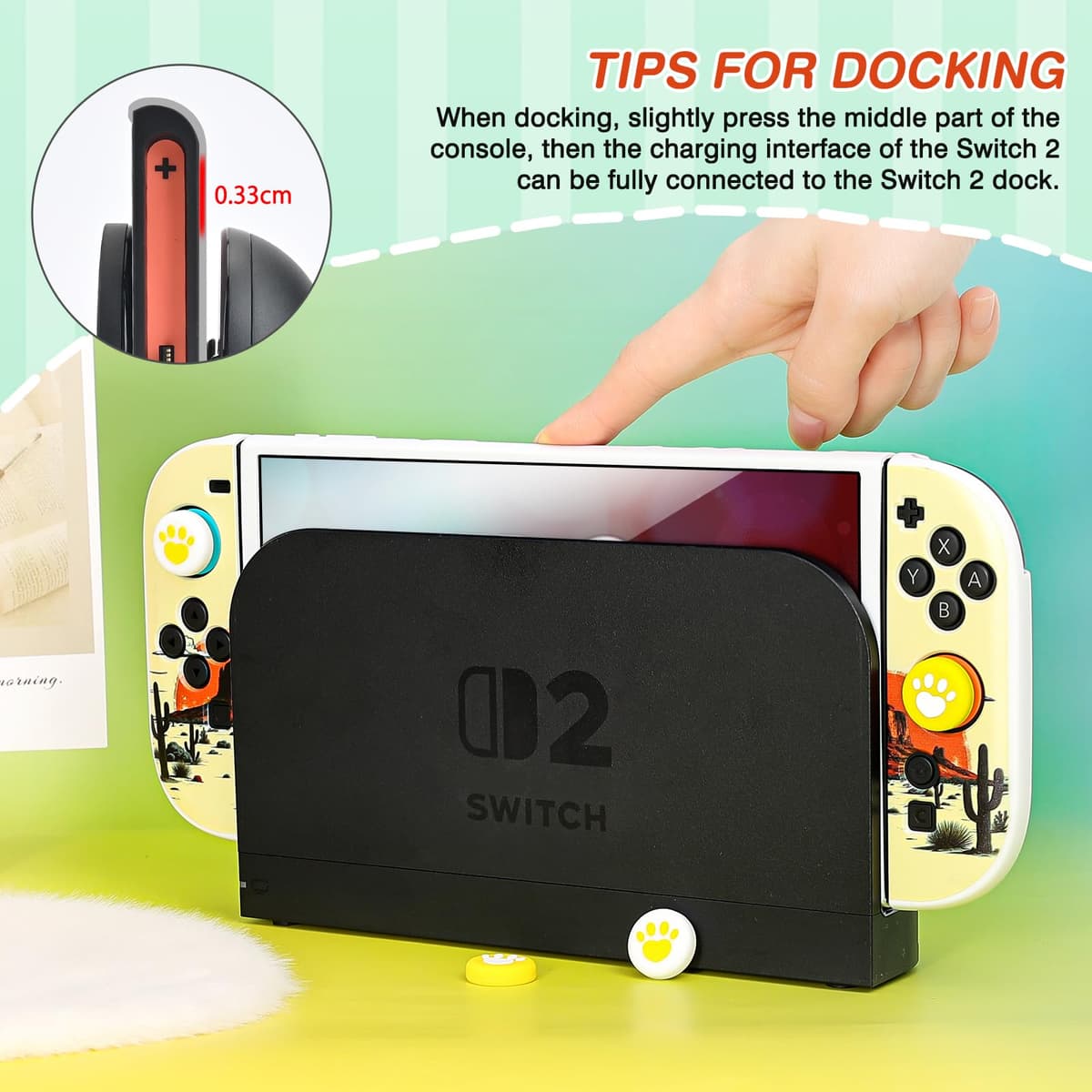 DLseego Protective Case Compatible with Switch 2,Dockable Silicone Soft Shell,Anti-Scratch and Shock-Absorption Design Protector Skin for Switch 2 with Handle Cover and 4PCS Thumb Grips,Yellow — view 3