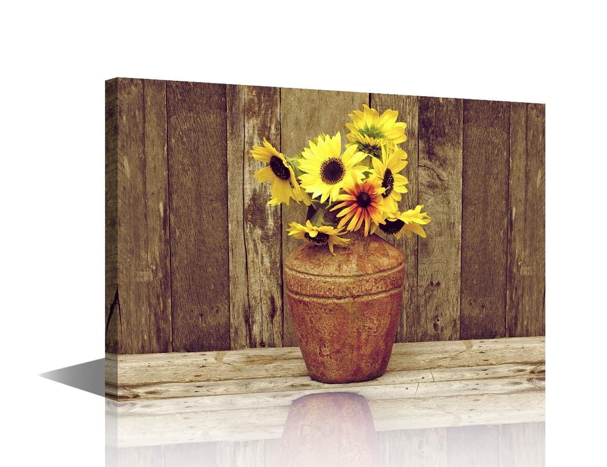 TISHIRON Rustic Yellow Sunflower in Vase Farmhouse Cottage Countryside 18"x12" Canvas Wall Art Prints Framed Picture Photo Painting Home Decor Ready to Hang — view 8