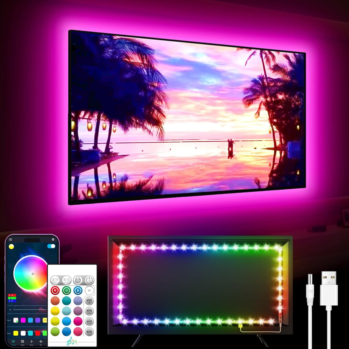 GIPOYENT TV Light Strip, 5M TV Backlight, for 45-75 Inch TV, Music Sync LED TV Light with Bluetooth Function - RGB Color Changing Light Strip for Home Theater (16.4ft) — view 9