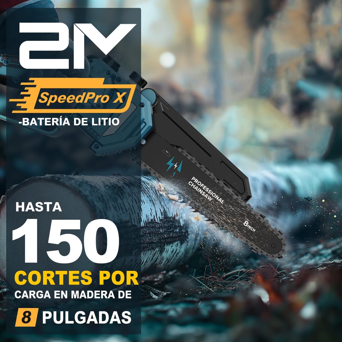 Mini Motosierra Bateria, 8000mAh Sierra Eléctrica Bateria Motor sin Escobillas 8 Pulgadas, con El Aceite y 2 Baterías, Motosierra Inalámbrica Portátil para Podar, Árboles (1200W) — view 2