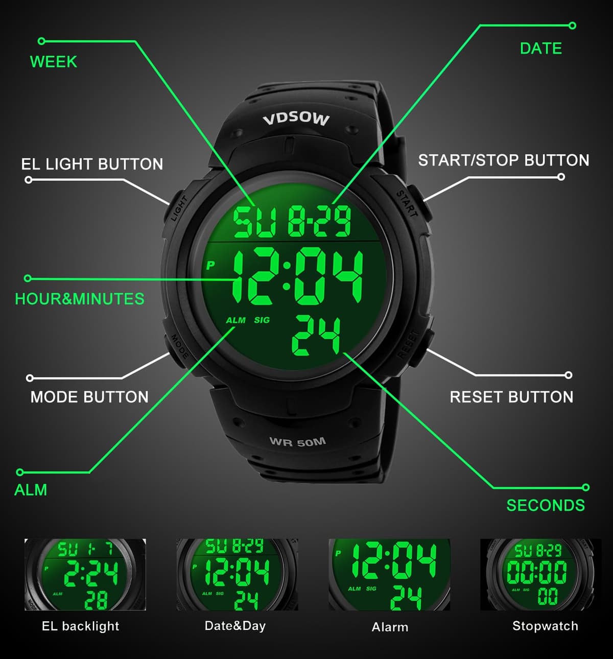 Mens Sports Digital Watches - Outdoor Waterproof Sport Watch with Alarm/Timer, Big Face Military Wrist Watches with LED Backlight for Running Men - Black — view 2