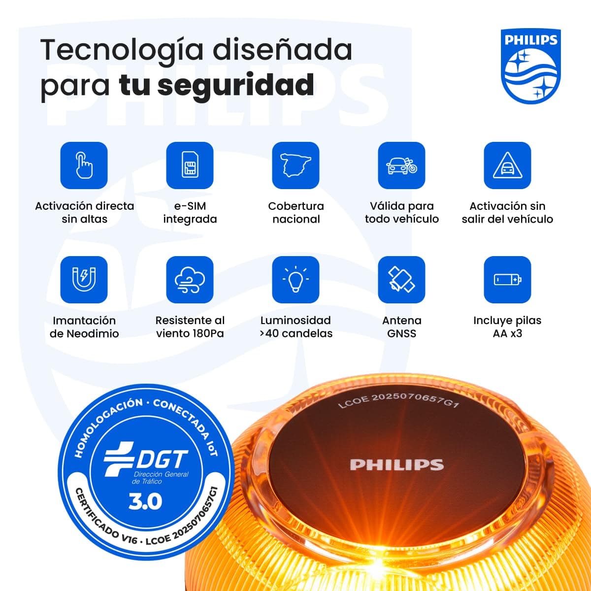 Philips Emergency Beacon V16 with Geolocation and DGT 3.0 Connection – Approved, Data Plan Included, Magnetic Base, High Visibility 1 km, Rain and Wind Resistant, AA Batteries Included — view 3