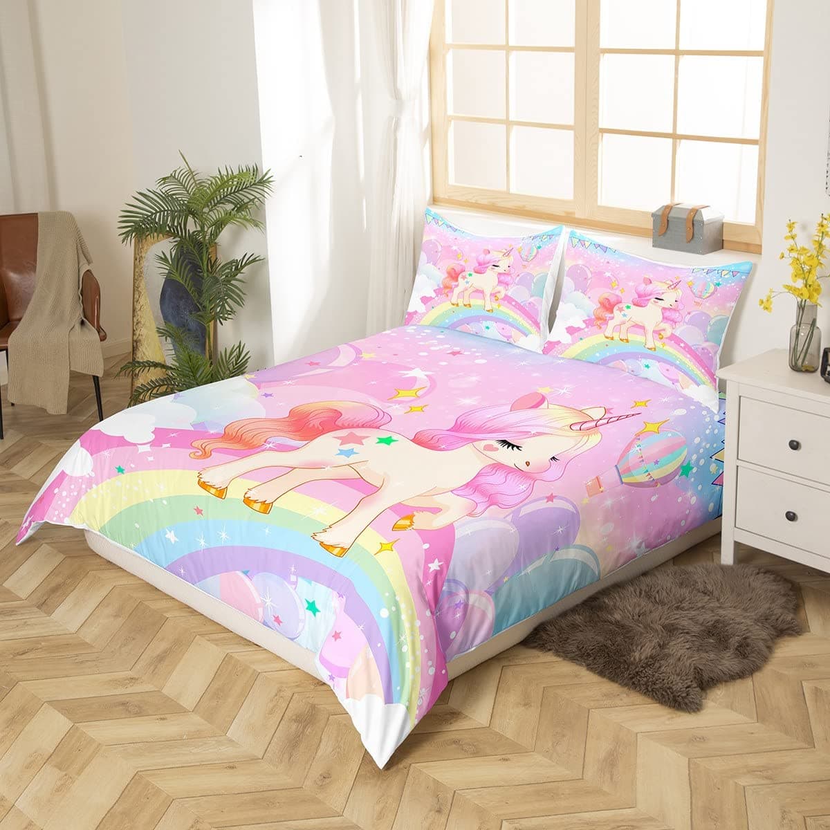 Loussiesd Juego de cama para niñas, diseño kawaii de unicornio y arcoíris, funda nórdica de dibujos animados, galaxia, estrellas, animales, 1 funda de almohada, tamaño individual — view 3