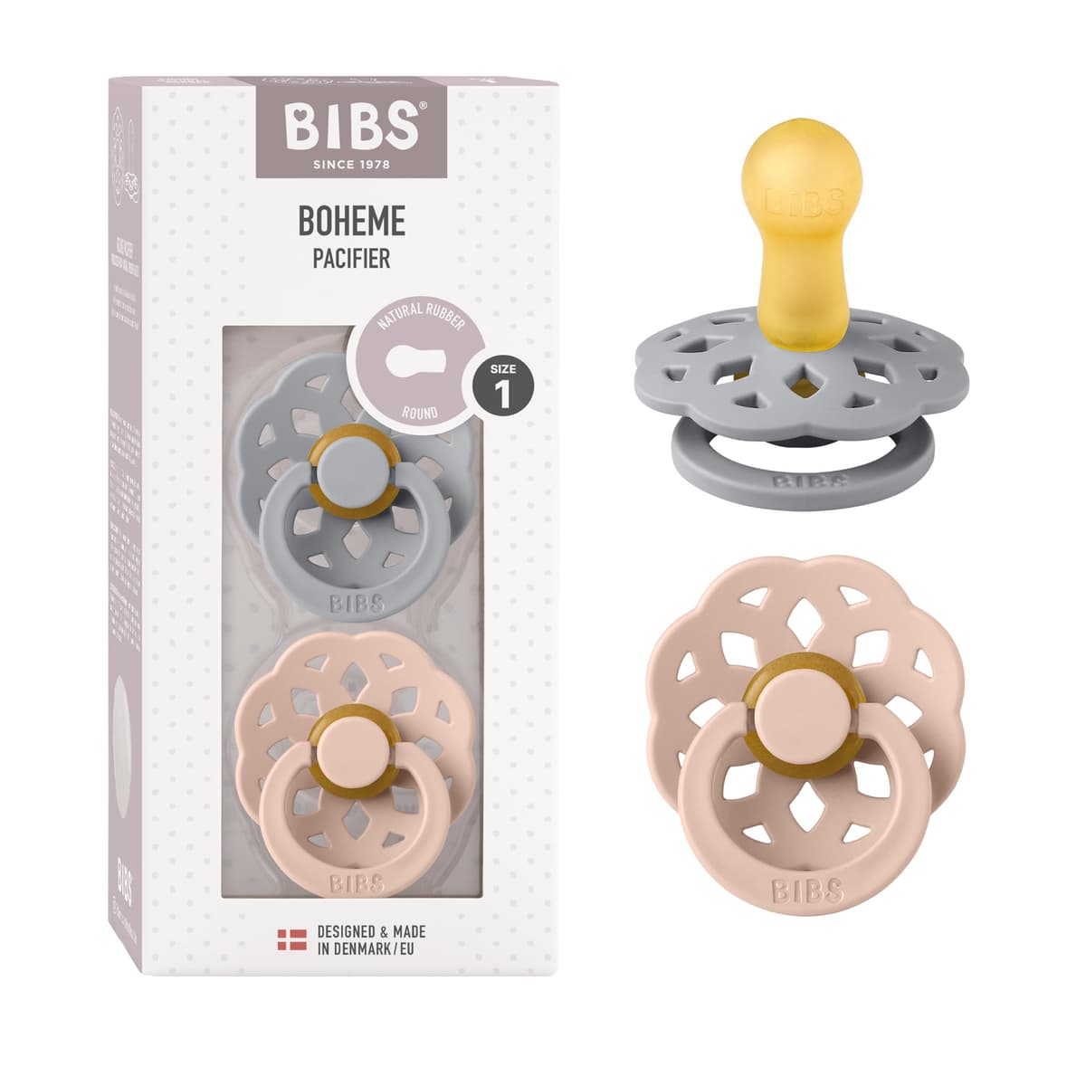 BIBS Boheme Soother 2-Pack. BPA Free. Round Nipple. Natural Rubber Latex, Made in Denmark. Size 2 (6-18 Months), Blossom/Dusky Lilac — view 15