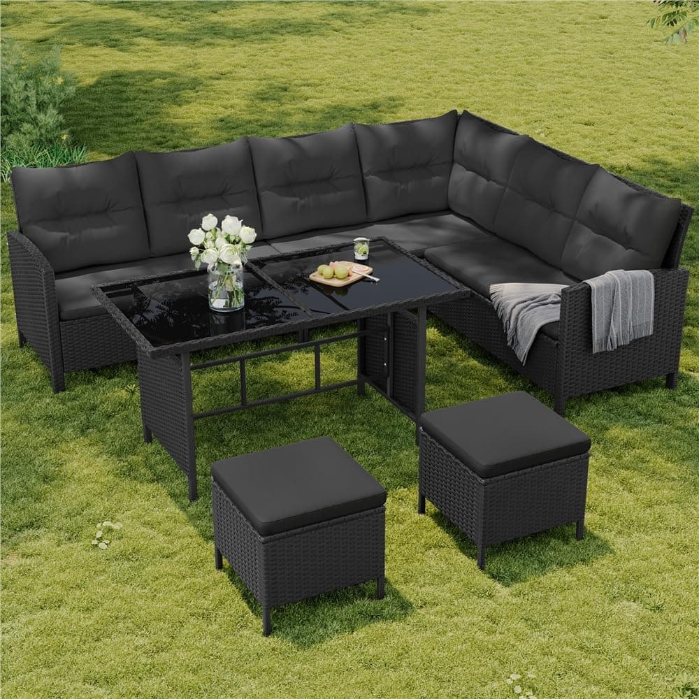 Yaheetech Juego de Muebles de Jardín 4 Piezas, Sofás de Ratán para Exterior con Mesa de Vidrio Templado Mesa y Sillas para Balcón Terraza Patio, Negro/Gris — view 4
