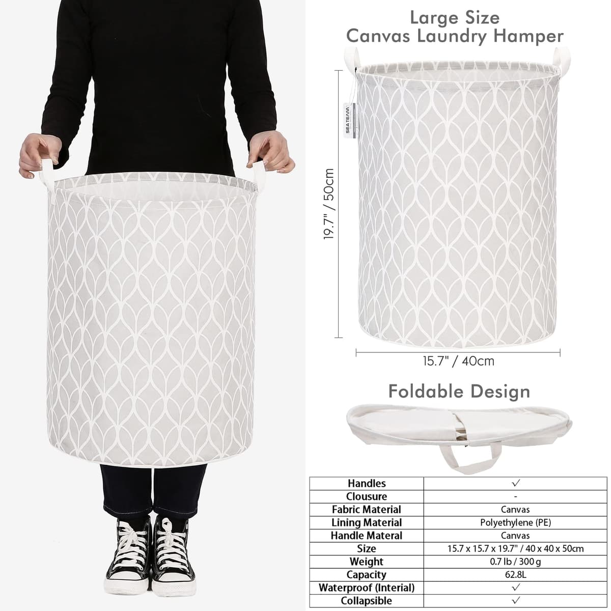 Sea Team 19.7 Inch Large Sized Waterproof Coating Ramie Cotton Fabric Folding Laundry Hamper Bucket Cylindric Burlap Canvas Storage Basket with Stylish Bud Grey Design — view 5