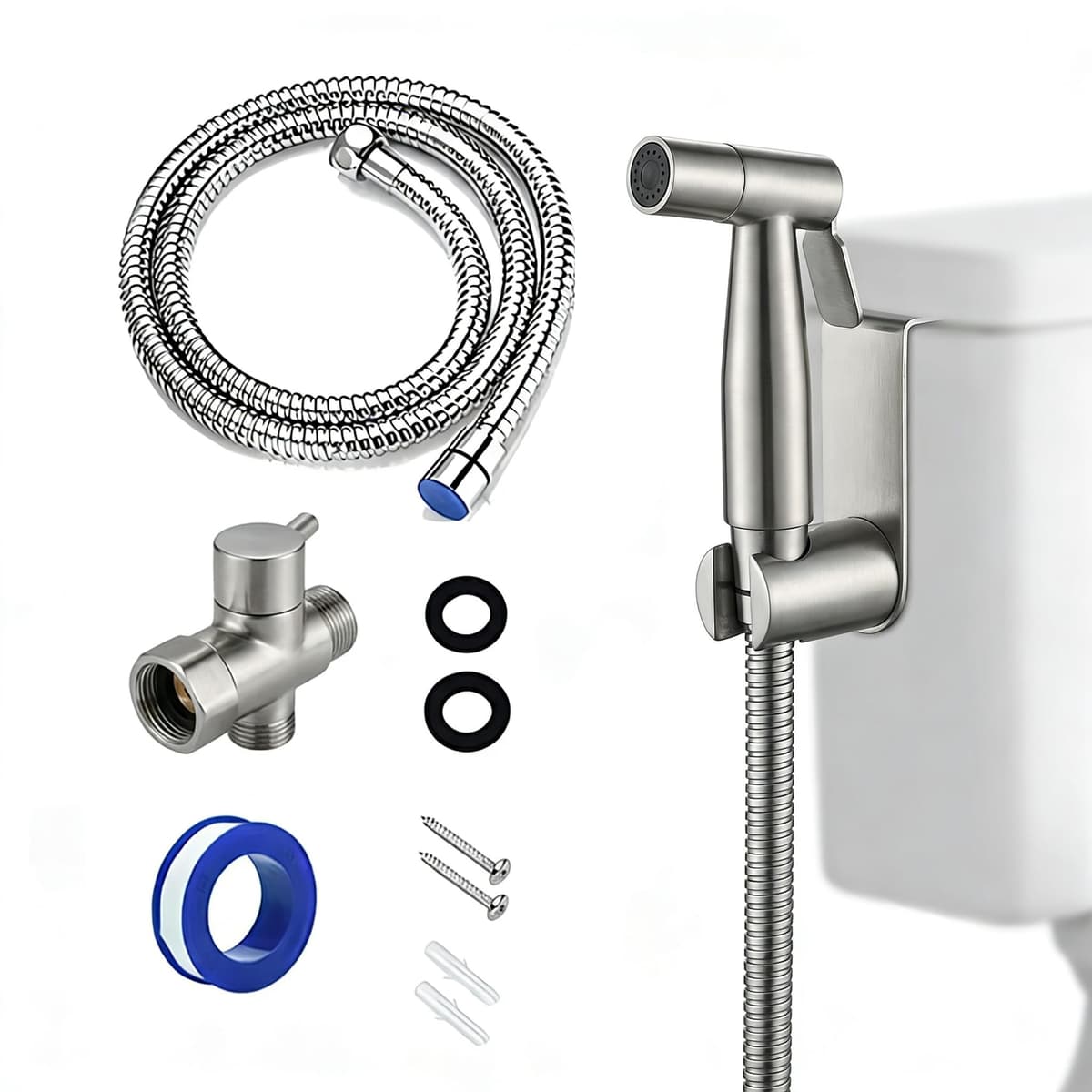 Grifo Bidet para WC Ducha Higiénica de Acero Inoxidable con Manguera 1.5m, para Higiene Personal y Limpieza de Mascotas Incluye Adaptador G1/2 (Acero)