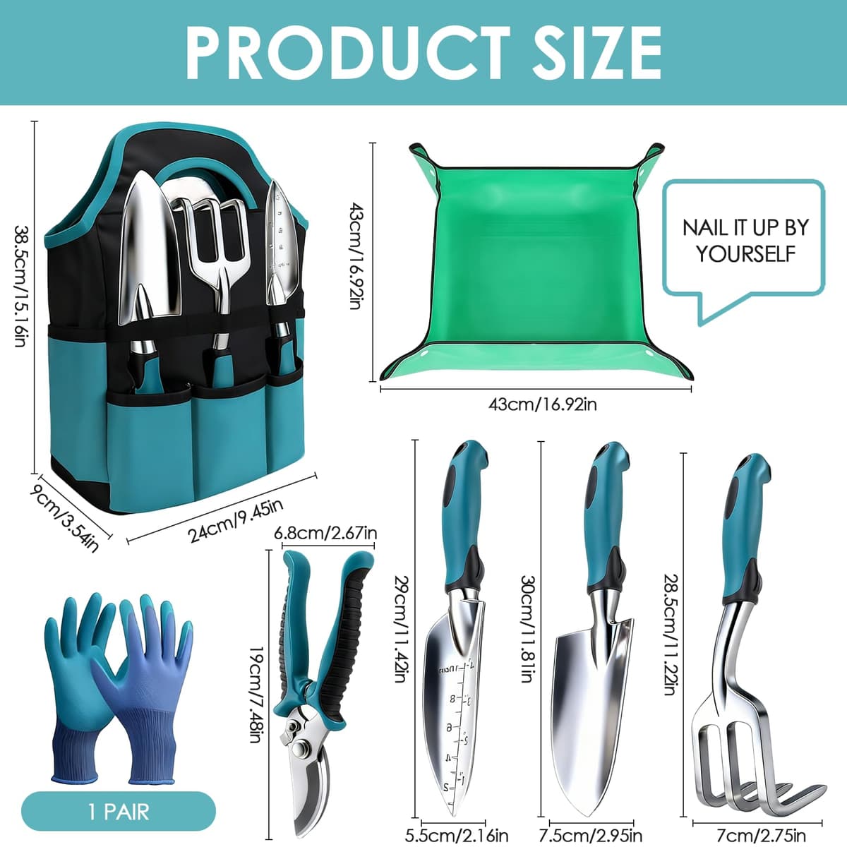 Juego de Herramientas de jardinería 7PC, Kit de jardineria Bolsa de Jardín con Bolsa de sujeción Resistente, Juego de Herramientas de Mano de jardín, Regalos de Jardinería para Mujeres y Hombres — view 2
