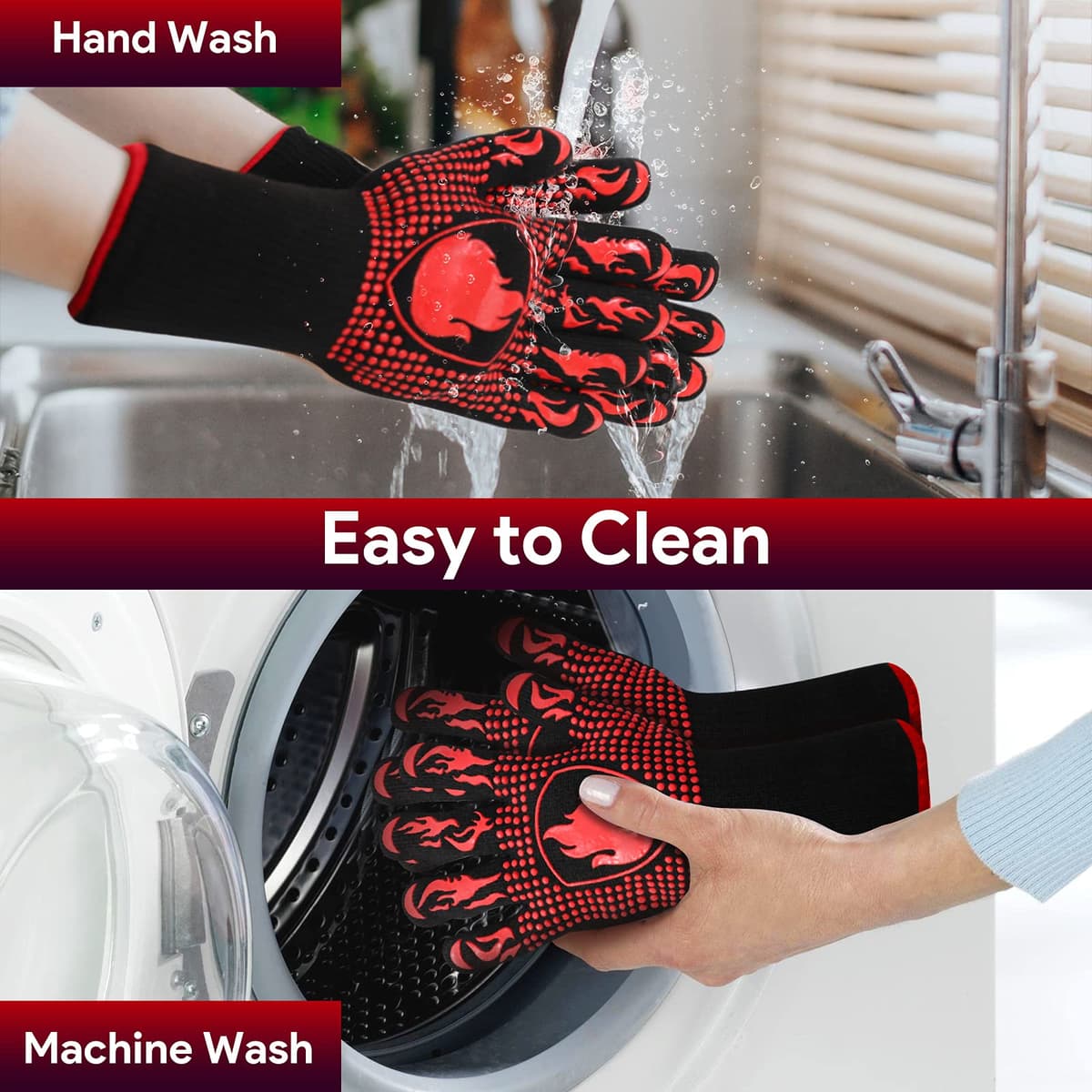 Guantes Barbacoa, Guantes para Horno Resistentes al Calor hasta 800℃ / 1472℉ para Cocina, Parrilla, Hornear, Microondas - certificación EN407(1 Par) (Rojo) — view 6
