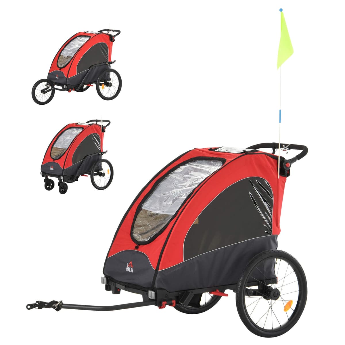 HOMCOM Remolque Infantil 3en1 para Bicicleta Carro de 2 Plazas para Niños de +6 Meses Plegable Ruedas Giratorias y Manillar Ajustable 150x85x107 cm
