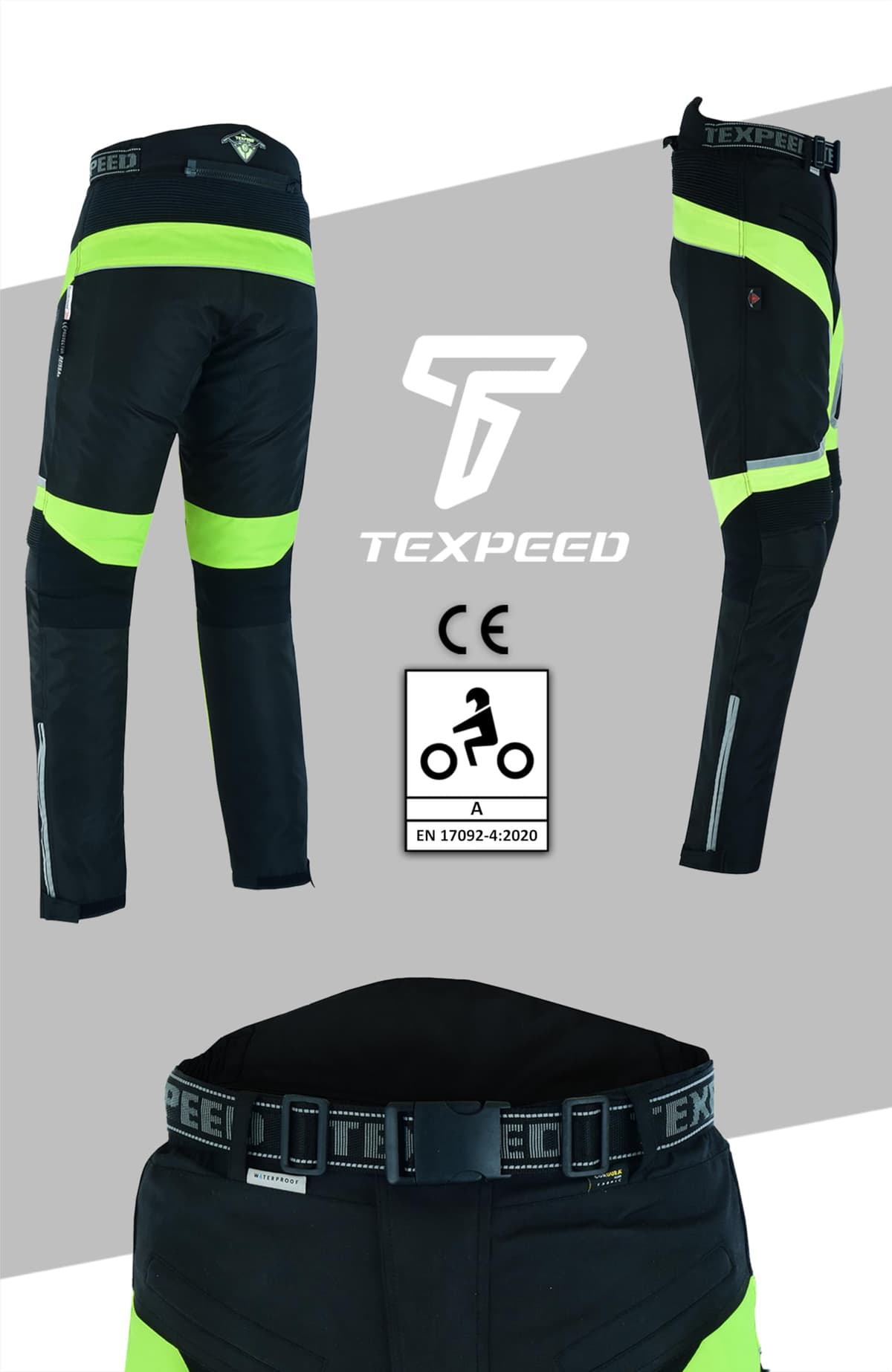 Texpeed Motorcycle Biker Trousers Mens Motorbike Waterproof Textile Cordura Pants With Protective CE Armour (EN 1621-1) Yellow Hi Vis - 42W / 30L — view 7