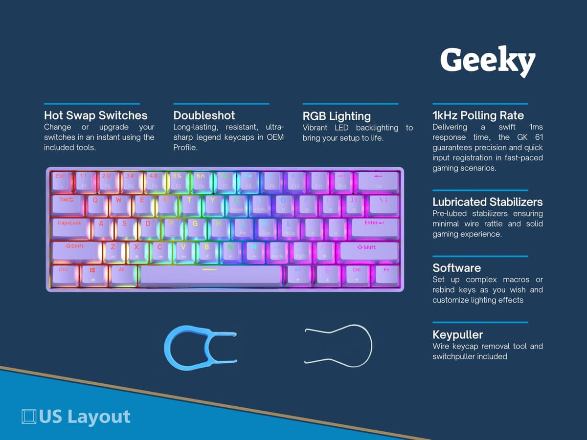 Geeky GK61 60% | Hot Swappable Mechanical Gaming Keyboard | 61 Keys Multi Color RGB LED Backlit for PC/Mac Gamer | ANSI US American Layout (Lavender, Mechanical Speed Yellow) — view 2