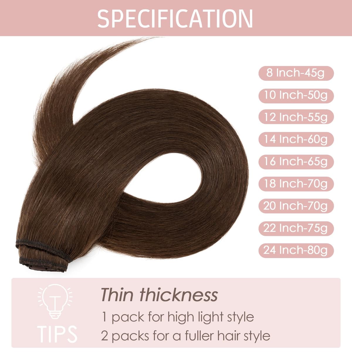 Silk-co 10inch Hair Extensions Clip in Hair Extension Human Hair #04 Medium Brown -Basic Thickness-Thin Weft- 8 Pieces Real Remy Straight Hair Extensions[50g] — view 2