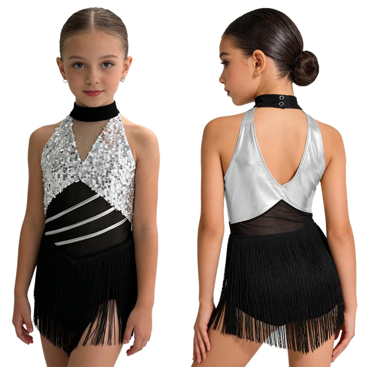 Freebily Vestidos Baile Salsa Samba Rumba con Flecos Niña Leotardo De Baile Latino Espalda Abierta Trajes De Bailarina Cha Cha — view 8