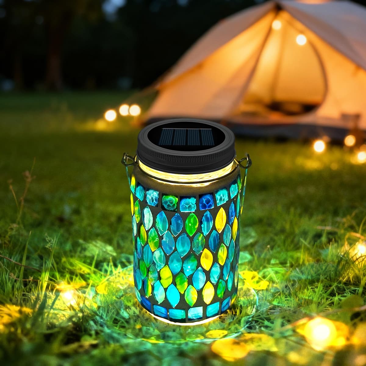 TOTHDATE 2PCS Mosaic Solar Lights Outdoor Garden, On/Off Glass Hanging Solar Mosaic Lanterns Lights IP65 Waterproof for Table Lawn Path Courtyard Deck Fence, Blue Mosaic Glass — view 2