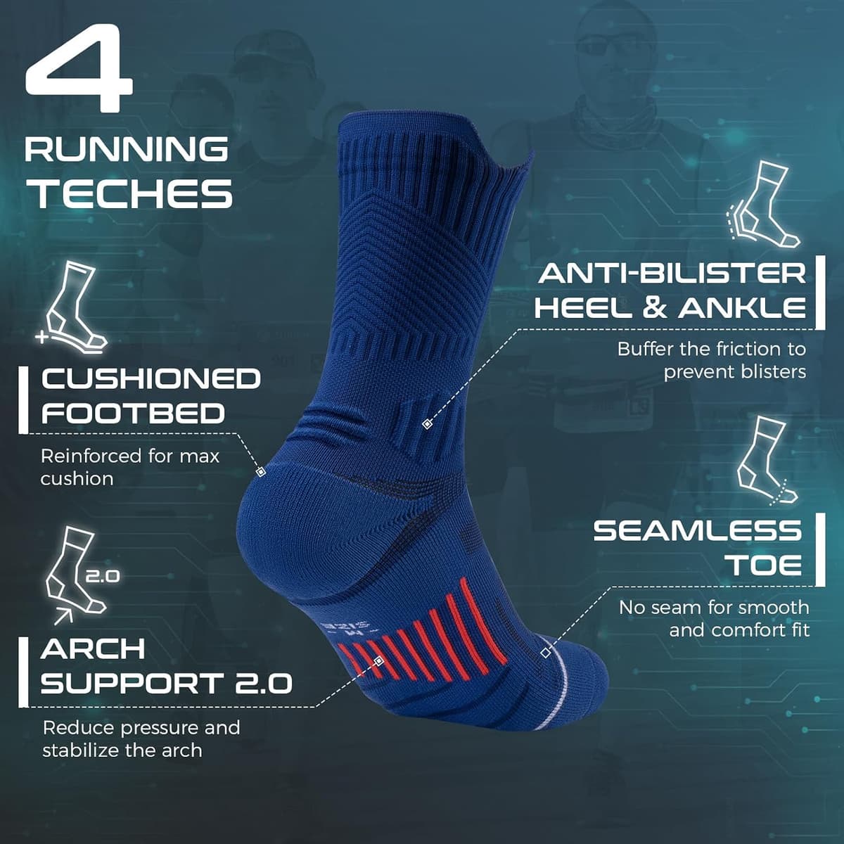 Rahhint Coolmax Compression Men's Running Socks, Sports Anti-Blister, Breathable Cushioning, Arch Support (Sizes 35-51, 3 Pai — view 4
