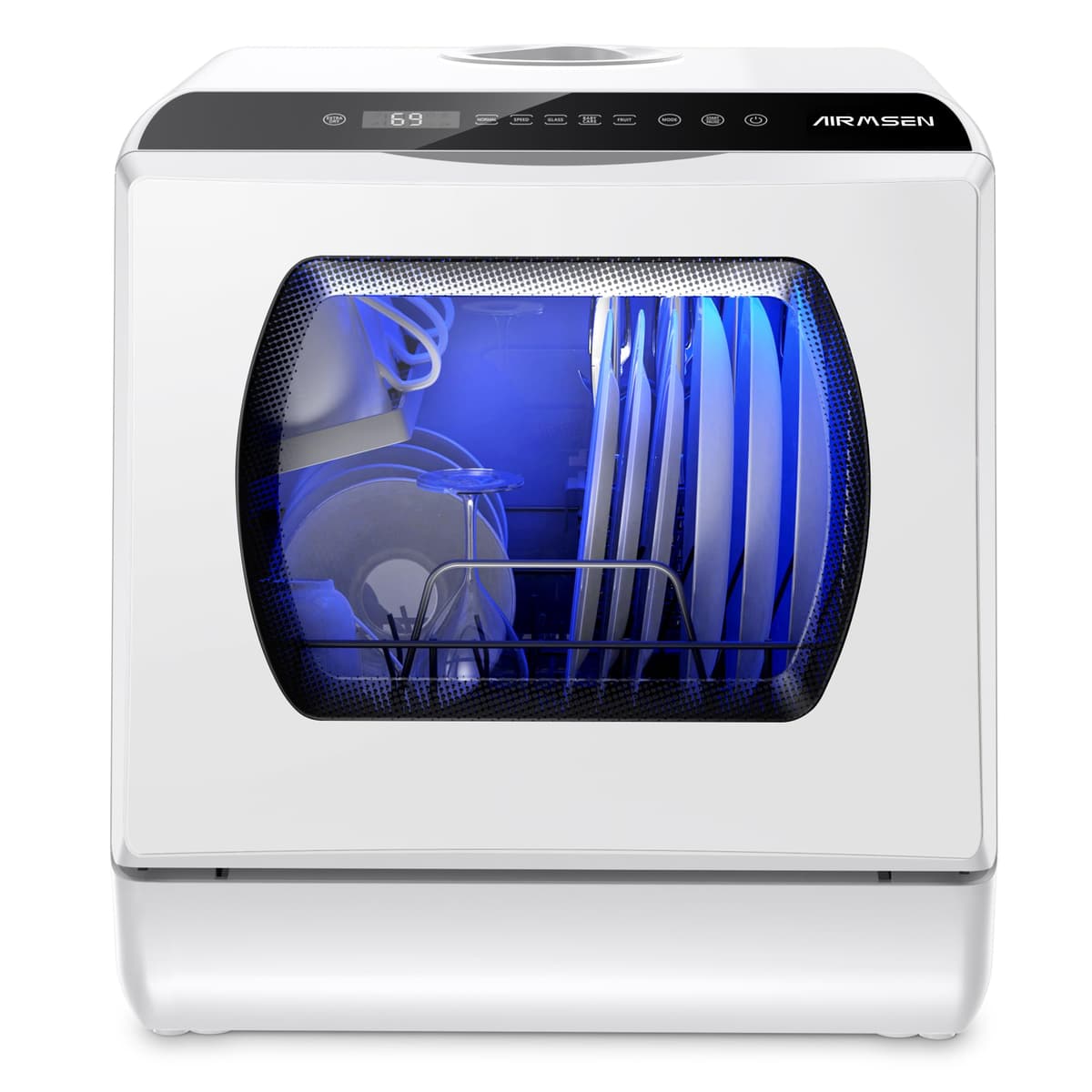 AIRMSEN Mini Lavavajillas de Sobremesa con 5+1 Programas, Depósito de 5 Litros, 2 Formas de Suministro de Agua, Control Táctil y Pantalla LED, Ideal para Cocinas Familiares, Apartamentos, Blanco