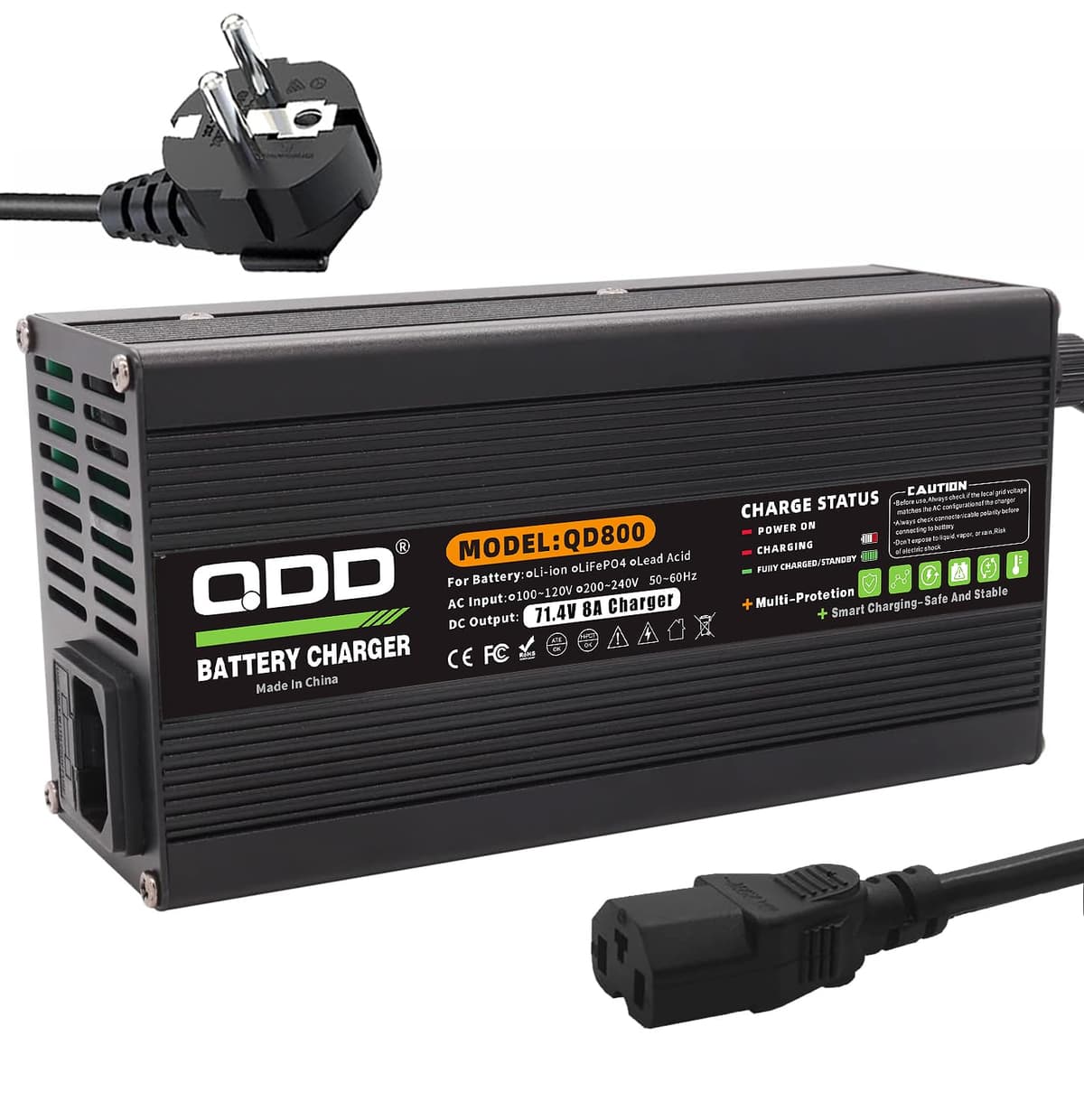 QDD Cargador 71.4V 8A para batería Li-ION 60V, carcasa de aluminio negro, salida CC, conector C13N+L-, compatible con baterías de litio 17S 60V