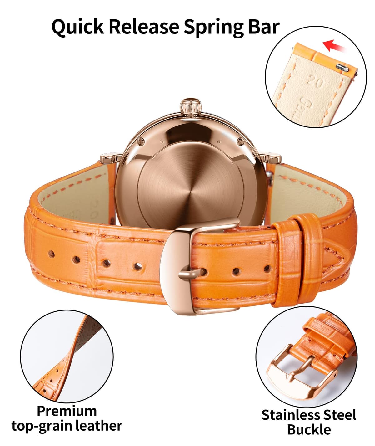 BINLUN Quick Release Leather Watch Straps Replacement Watch Bands Smart Watch Strap Crocodile Pattern in 10 Colors 13 Sizes with Silver/Gold/Rose-Gold Buckle for Men Women(10mm-24mm) — view 35