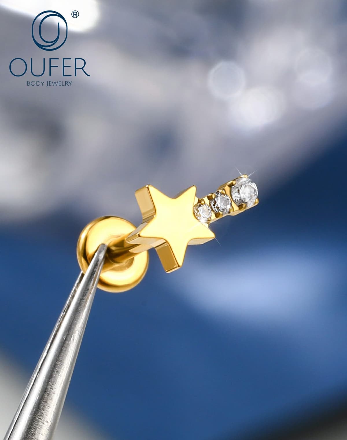 OUFER Body Piercing Helix Earring: 16G Titanium Star CZ Labret Piercing Jewelry Internally Threaded 6mm Bar Gold/Silver Cartilage Tragus Lip Piercings for Women — view 7