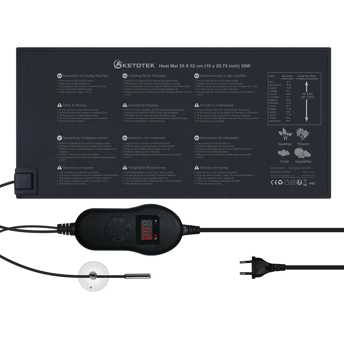 KETOTEK Manta Termica con Termostato para Plantas Semilleros 220V 30W, Alfombra Calefactora Plantas con Reguladora de Temperatura 0℃~42℃, Impermeable IP67