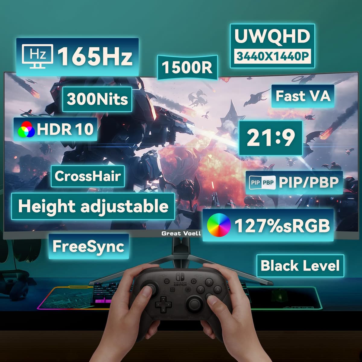 Great voell 34 inch Ultrawide Curved Gaming Monitor, 4K UWQHD(3440x1440) 165Hz PC WideScreen, 1500R 21:9 1ms MPRT, 127% sRGB VA panel 4000:1 contrast ratio, FreeSync, HDMI/DP, HDR, VESA Mountable — view 3