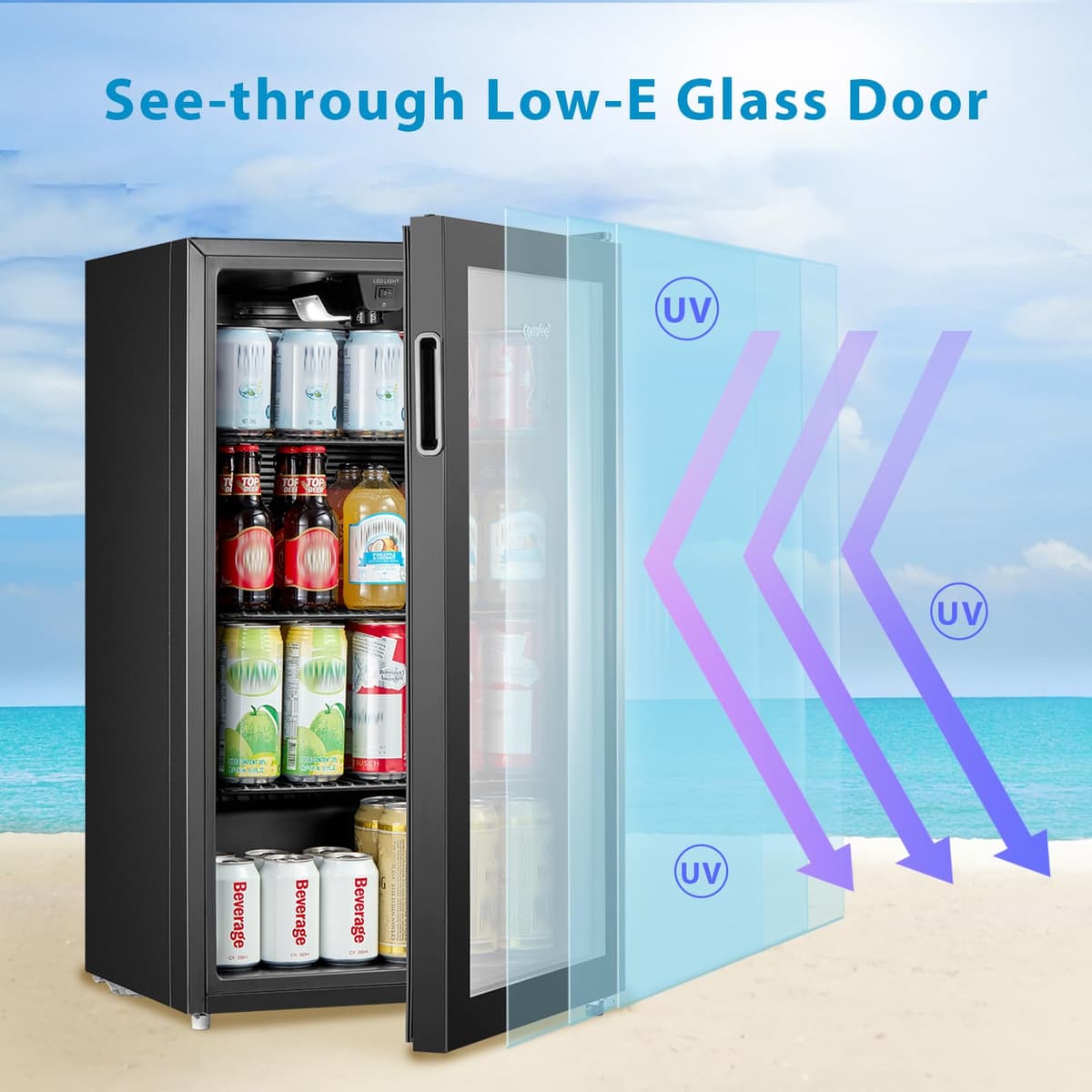 COMFEE' RCZ99BG2(E) Under Counter Beer & Drinks Fridge-93L Capacity,Holds up to 115 Cans, Premium Temperature Performance (2℃ to 15℃), Glass Door, Removable Shelves, LED Light, Low Noise — view 2