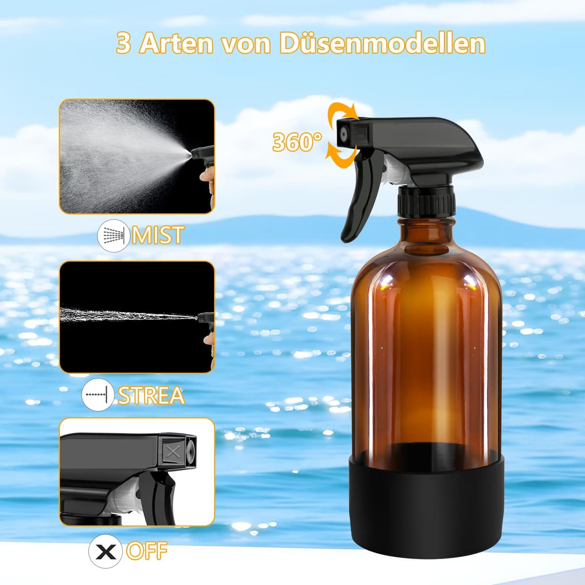 Juego de 3 botellas de spray de vidrio de 500 ml, rellenables, con pulverizador de gatillo ajustable para pulverizar y nebulizar - Botellas de spray de agua vacías color ámbar para cabello, jardinería — view 3