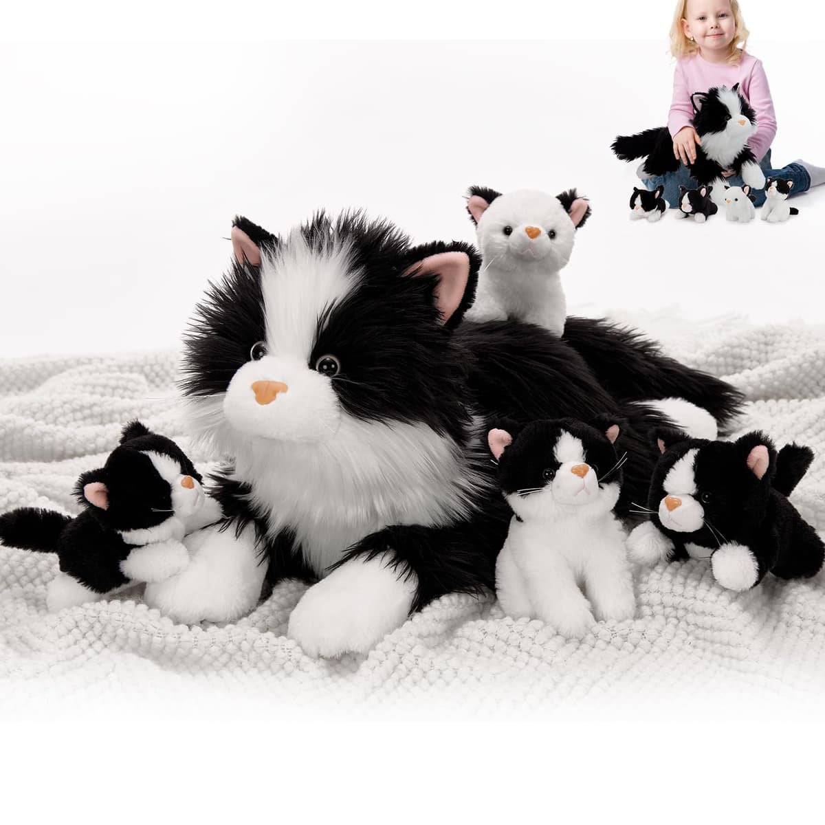 MorisMos Cat Teddy with Kitten Babies inside, Lifelike Cuddly Kitty Stuffed Animal Plush Soft Toys, Kawaii Presents for Kids Girls Boys Birthday Party Decoration (White and Black 50cm)