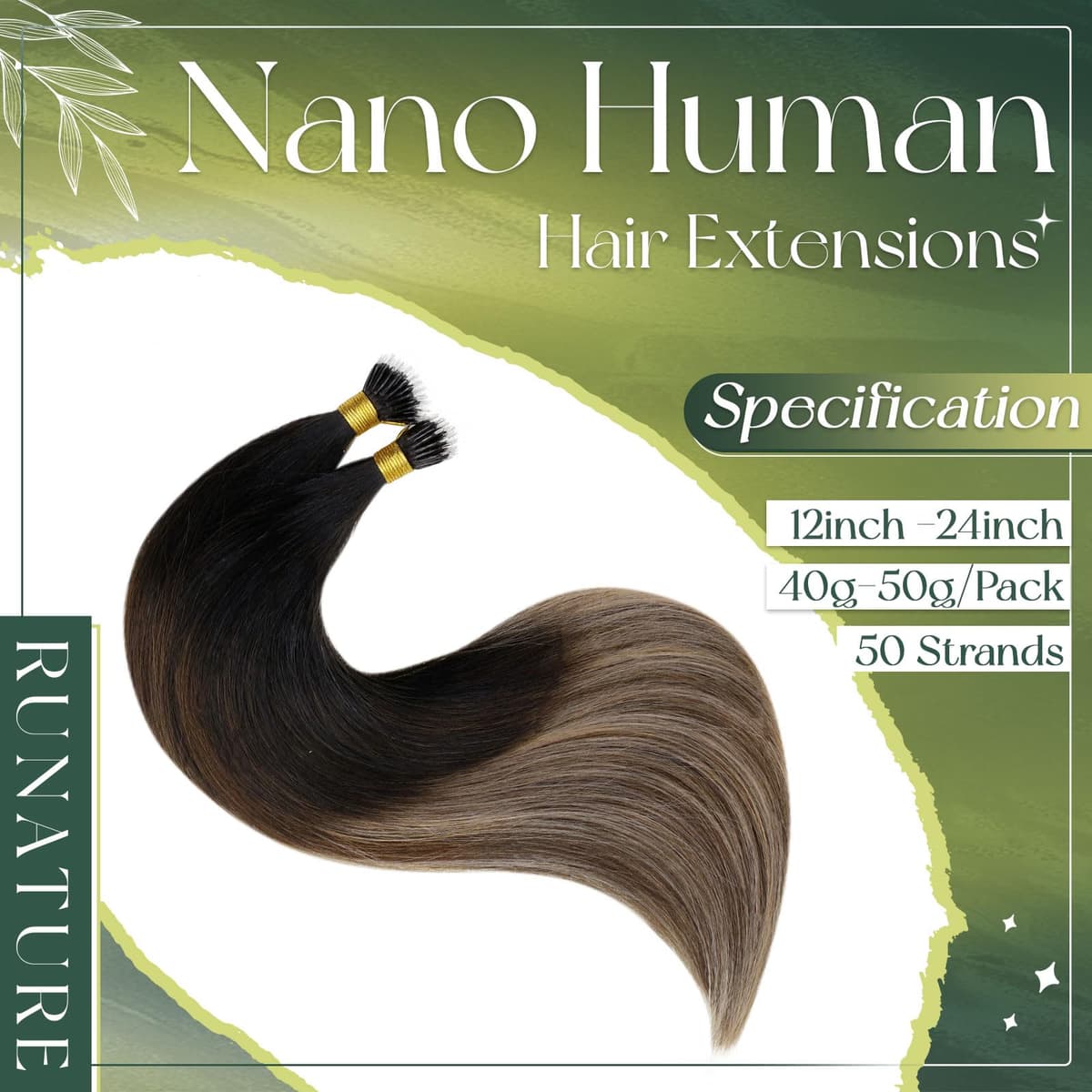 RUNATURE 18 Inch Nano Hair Extensions Real Human Hair Black Balayage Brown Nano Beads Hair Extensions Real Human Hair Ombre Blonde Invisible Straight Remy Nano Rings Hair 50g 50s #1b/4/27 — view 2