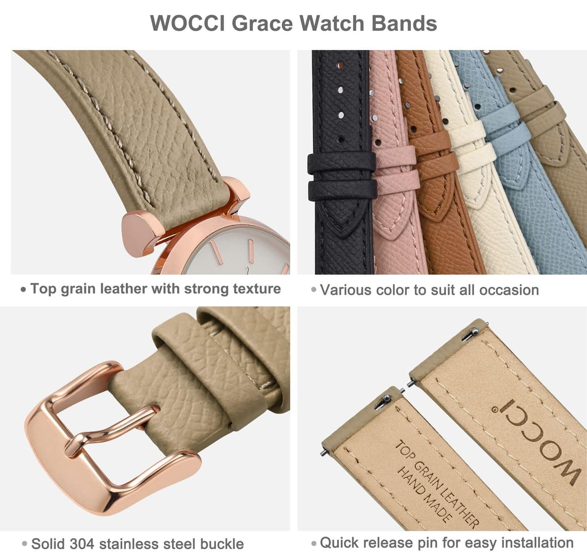 WOCCI Grace Watch Strap, Top Grain Leather, Quick Release Replacement Bands, Stainless Steel Buckle, Band Width 12mm 14mm 16mm 18mm 20mm — view 4