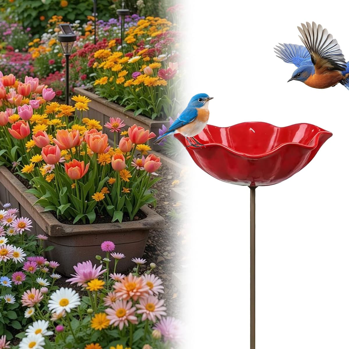 Handmade Metal Flower Garden Stake Bird Bath, Flower-Shaped Bee Watering Station for Garden, Bee Watering Floral Stake Station, Butterfly Bee Bath Bowl for Outdoor Yard Patio Pathway Decor (Red)