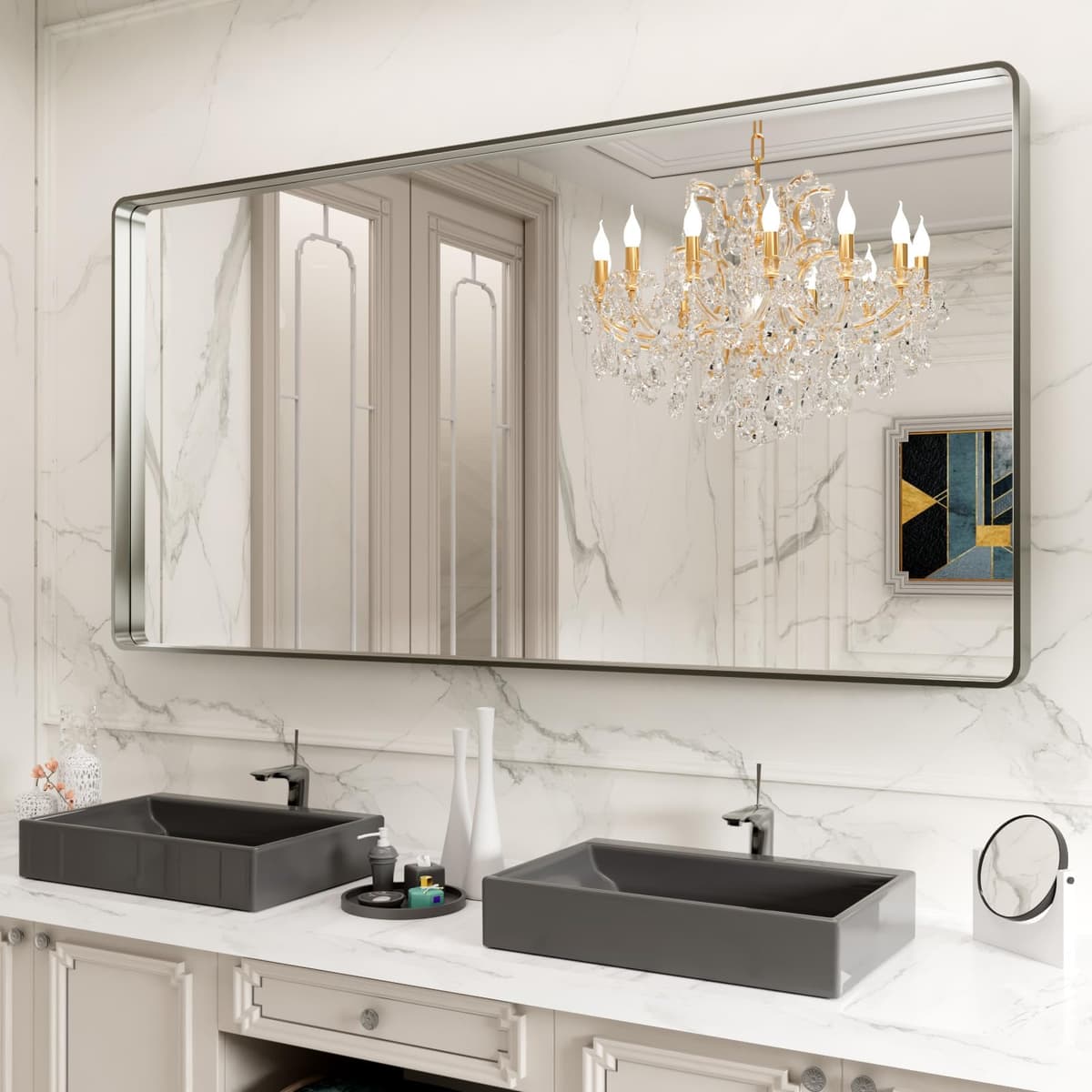 LOAAO 48”X36” Gold Bathroom Mirror, Rounded Rectangle Gold Frame Mirror, Brushed Gold Bathroom Vanity Mirror Wall-Mounted, Anti-Rust, Tempered Glass, Hangs Horizontally or Vertically — view 77