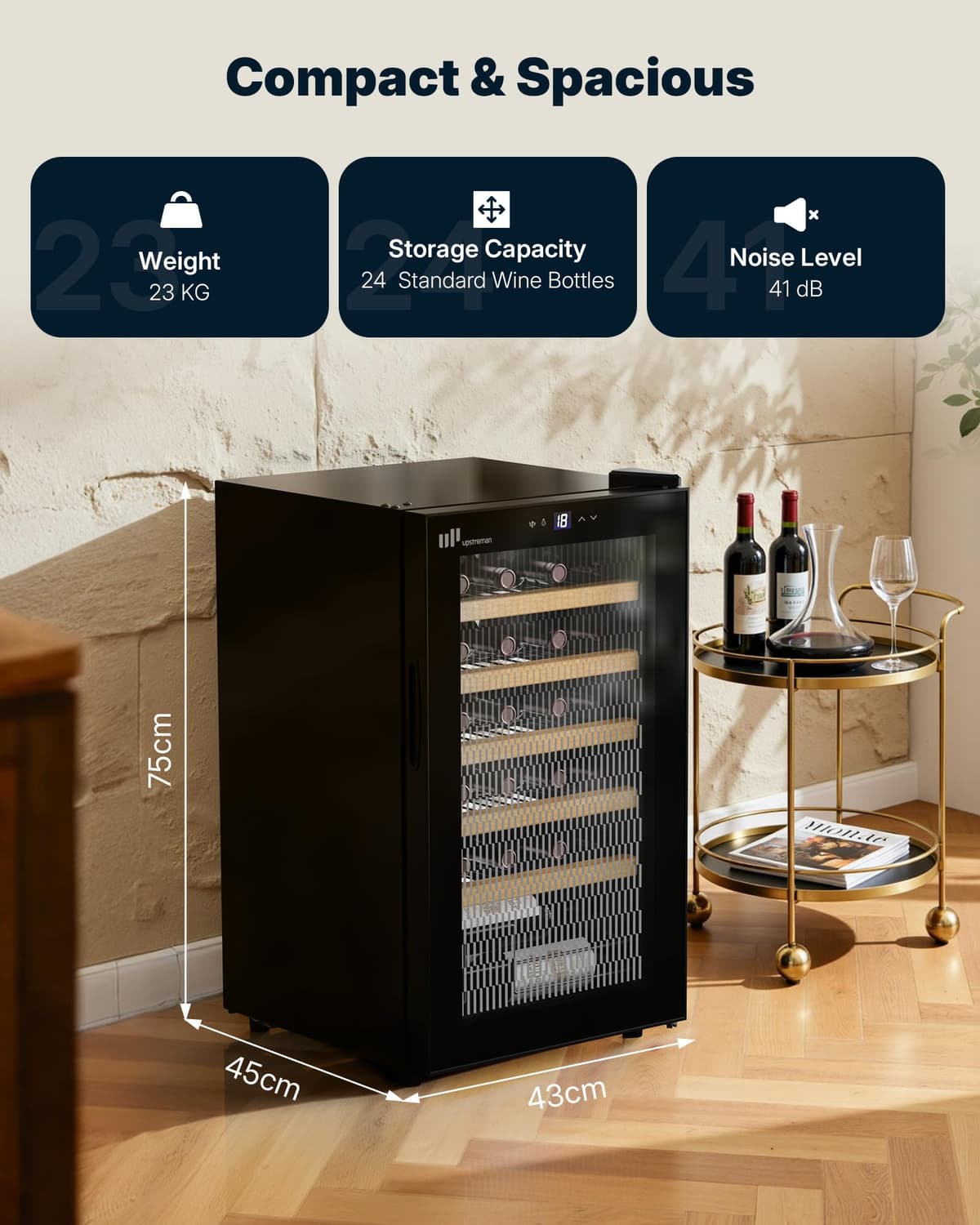 Upstreman Wine Fridge 24-Bottle, Full Glass Door Wine Cooler, 5°C - 20°C Adjustable, Built-in & Under-Counter Design, Double Glazing, Touch Control Panel, LED Light, 5 Shelves, W24-Black — view 2