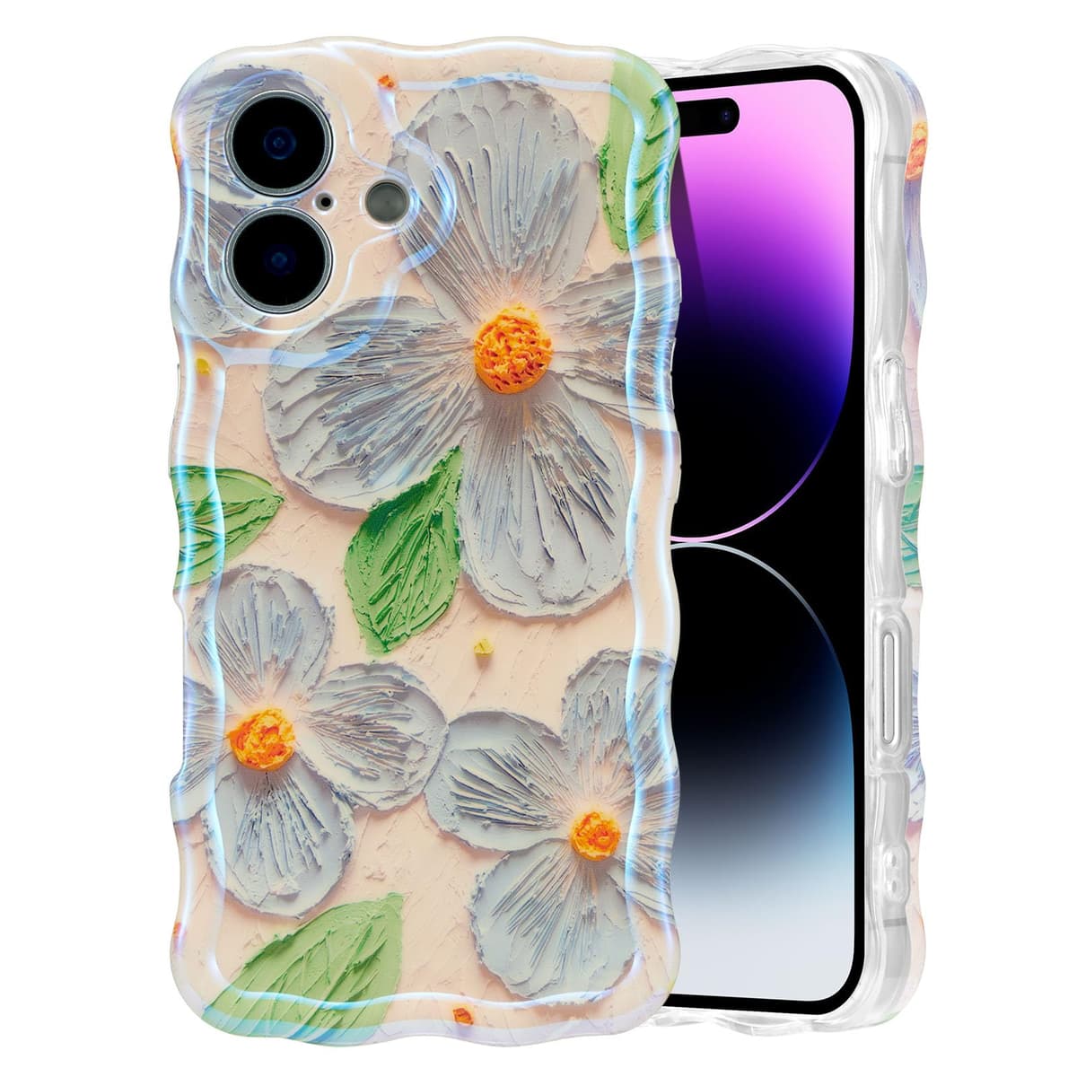 EYZUTAK Case for iPhone 16, Colorful Retro Oil Painting Printed Flower Laser Glossy Pattern Cute Curly Wave Edge Exquisite Phone Cover Stylish Durable TPU Protective Case for Girl Women-Green — view 10