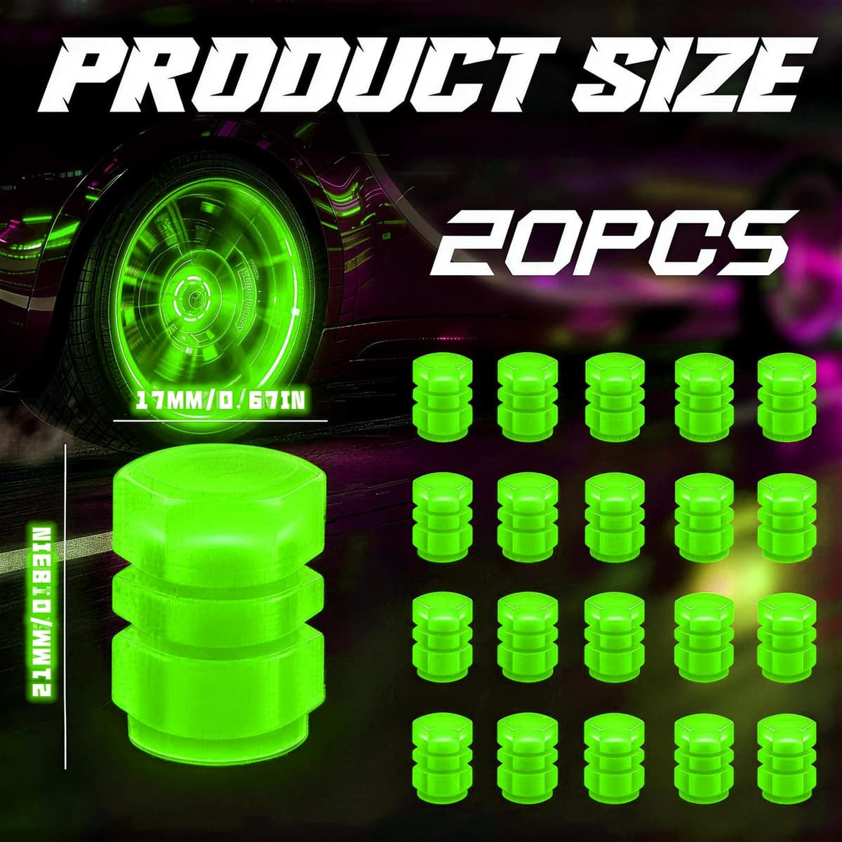 20Pcs Glow in The Dark Tire Valve Caps, Fluorescent Tire Valve Caps for Cool Car Decorations, Universal Luminous Car Tire Valve Caps Fits Car Truck SUV Motorcycle Bicycle (Green-20pcs) — view 2
