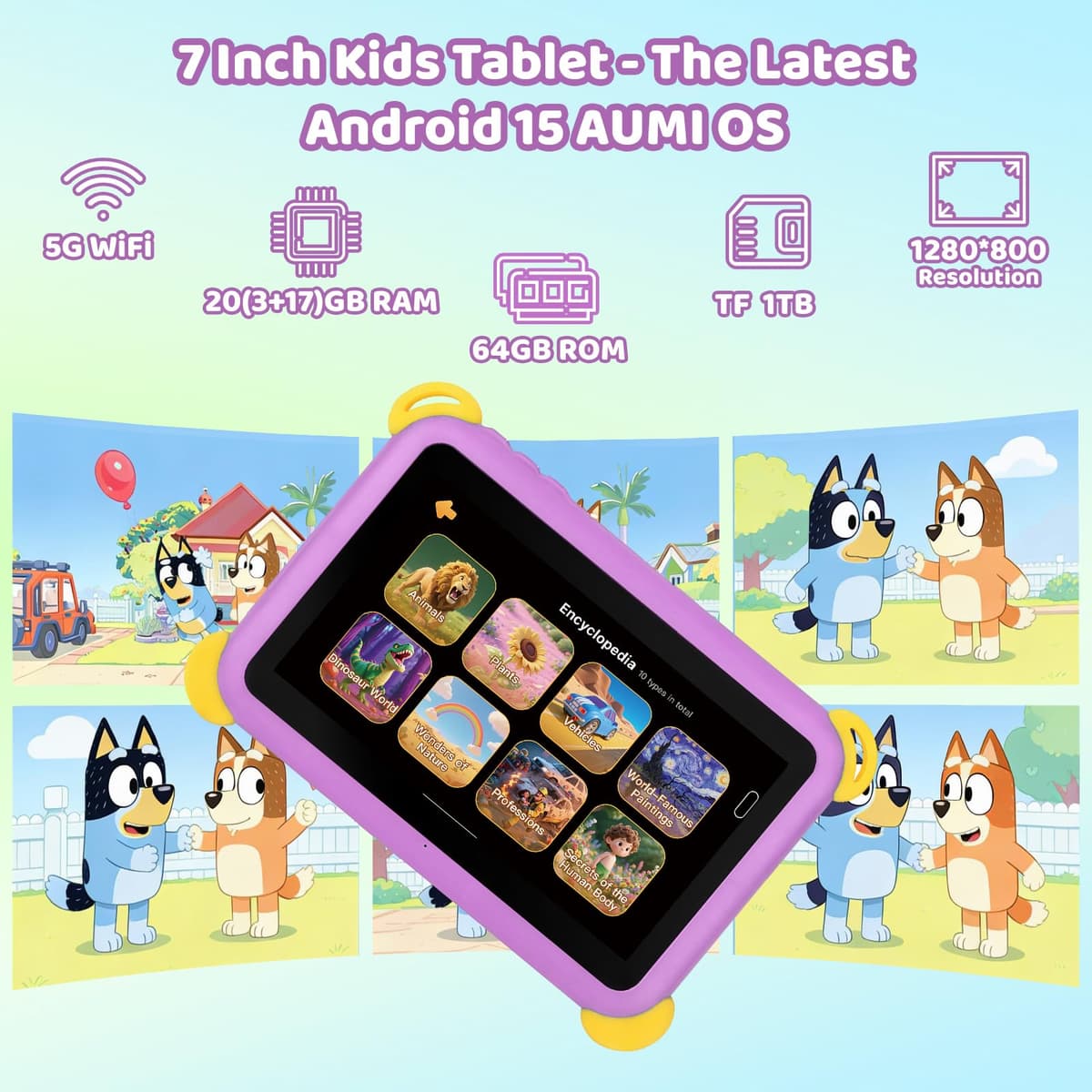 Kids Tablet 7 inch Android 15 Tablet for Kids, 20GB+64GB (TF 1TB), Android Tablet with Parental Control, AI Dual Cam & Learning, WiFi 6/BT 5.3, Widevine L1, Kid Tablet with Protective Case - Purple — view 2