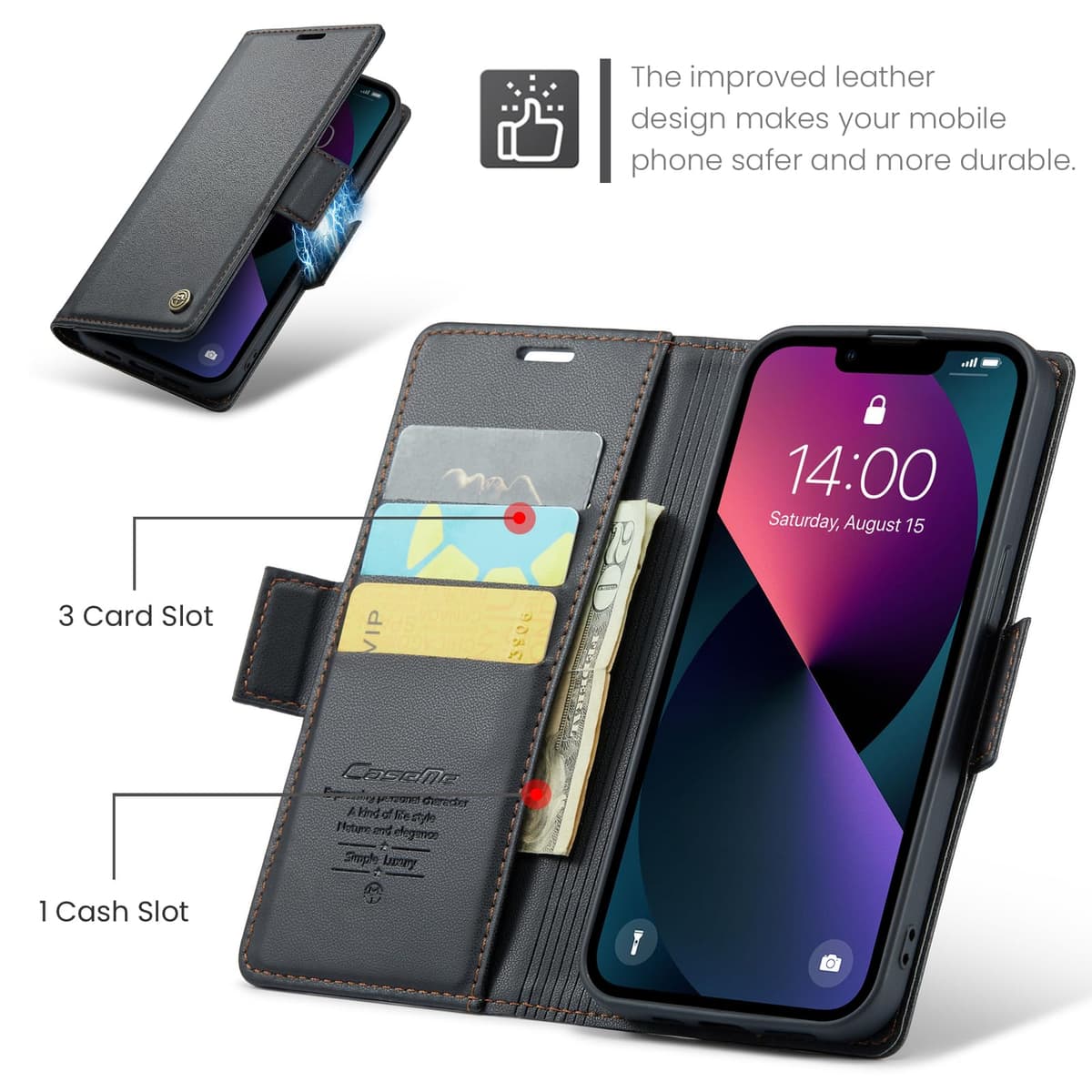 Funda para iPhone 13 6.1", Funda de Cierre Magnético, Cartera de Cuero PU con [Bloqueo RFID], Soporte, Ranura para Tarjetas, Carcasa de Libro, Case para iPhone 13,Negro — view 3